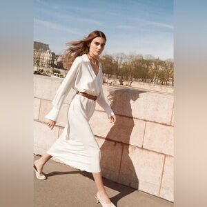 Zara Ivory Satin Effect Maxi Dress Belted | Size S | Long Sleeve Draped | NWOT